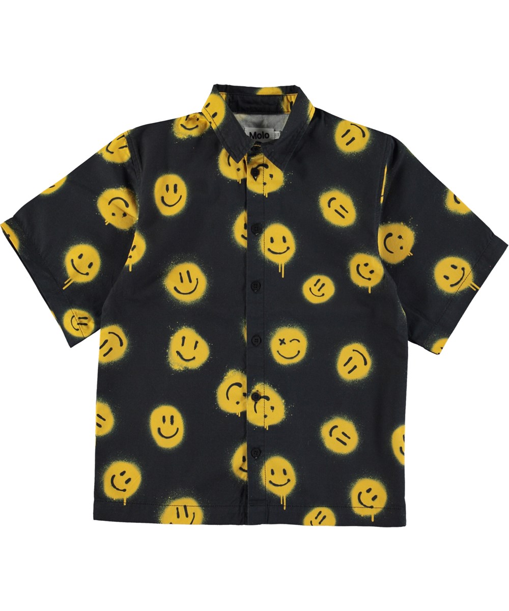 Richie - Smiles - Schwarzes Kurzarmshirt mit gelben Smileys.