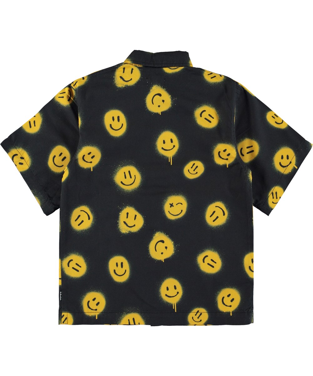 Richie - Smiles - Schwarzes Kurzarmshirt mit gelben Smileys.