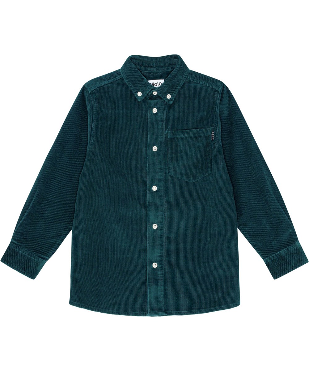 Rozz - Ponderosa Pine - Grünes geripptes Baumwoll-Velvet-Shirt mit Knopfverschluss und Kragen.