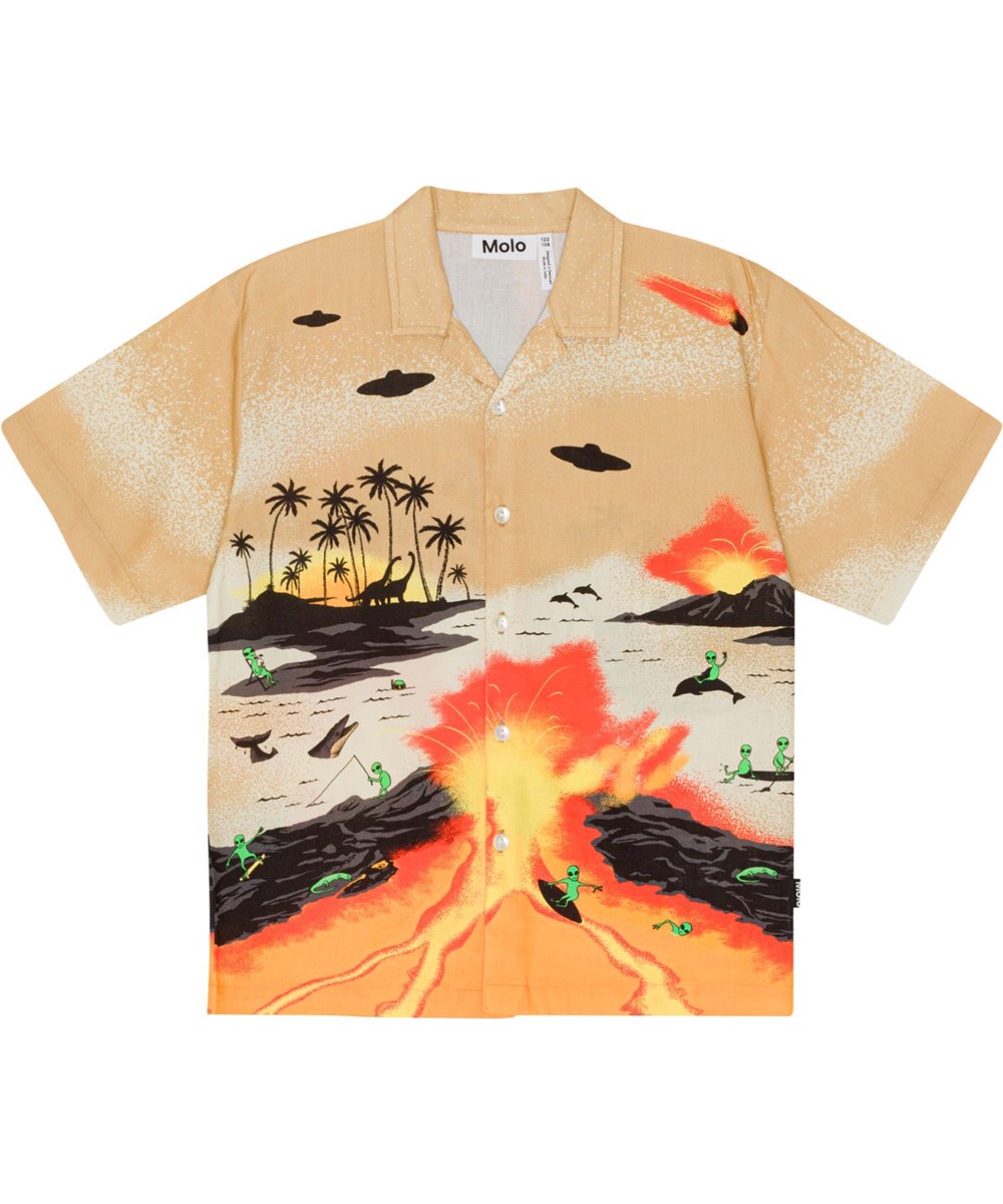 Rui - Alien Tourists - Sandfarbenes und gelbes Öko-Shirt mit Alien-Surfer-Placement-Print