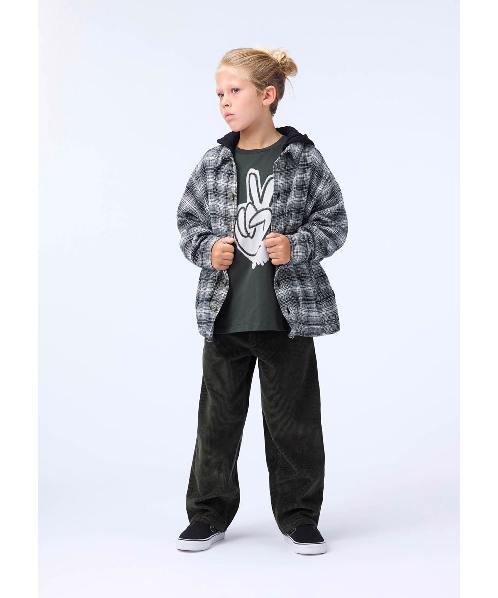 Aiden - Dark Forest - Oversized graue Hosen für Kinder aus geripptem Cordstoff mit fünf Taschen, weiten Beinen und Reißverschluss.