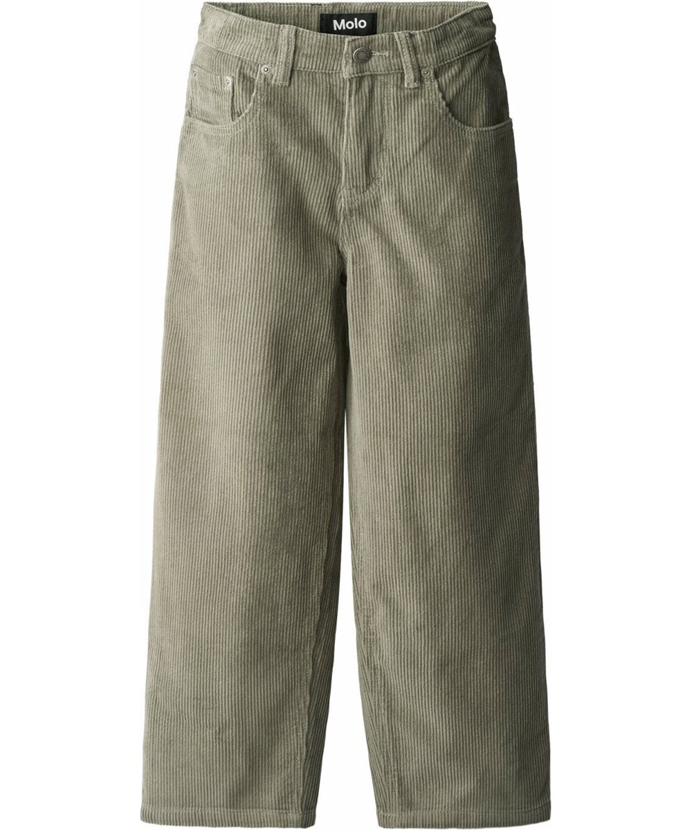 Aiden - Forest Fog - Oversized dunkelgrüne Hosen für Kinder aus geripptem Cordstoff mit fünf Taschen, weiten Beinen und Reißverschluss.