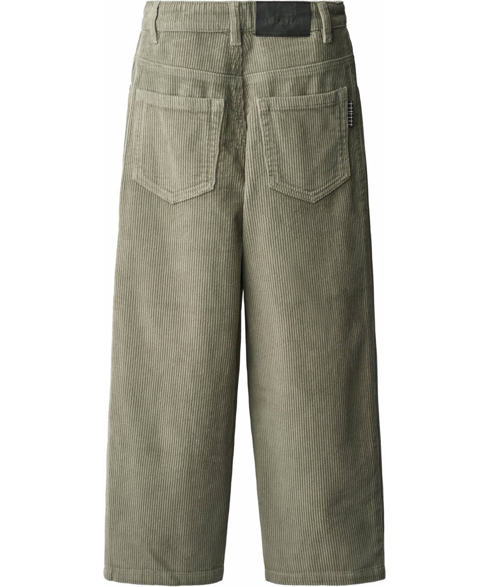 Aiden - Forest Fog - Oversized dunkelgrüne Hosen für Kinder aus geripptem Cordstoff mit fünf Taschen, weiten Beinen und Reißverschluss.