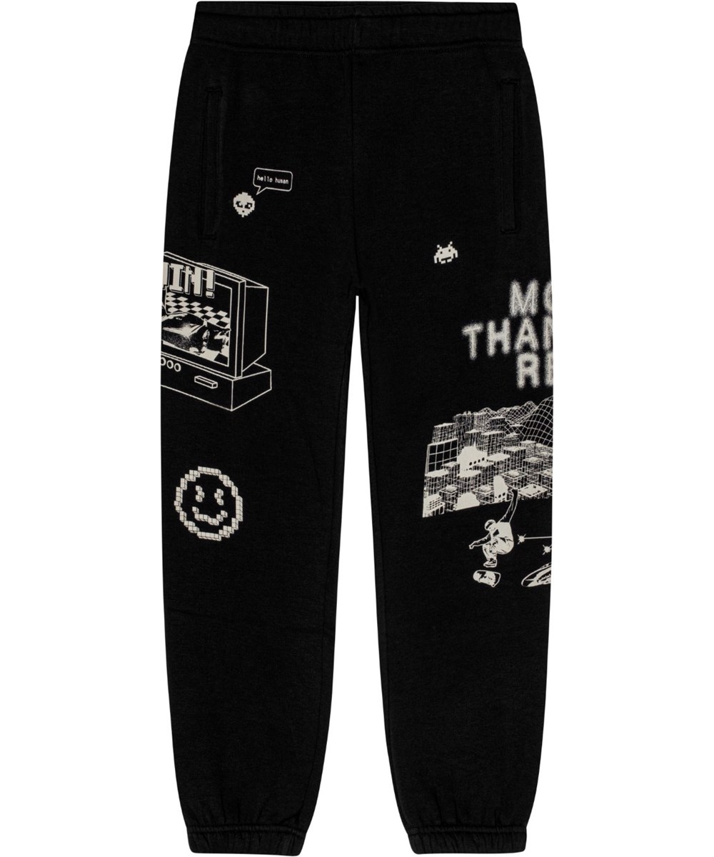 Allen - Black - Schwarze Jogginghose mit verstellbarem Bund und einem von Videospielen inspirierten Druck.