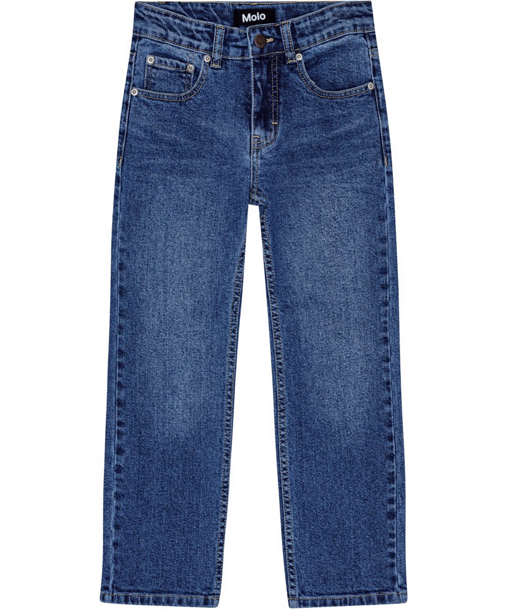 Andy - Dark Vintage - Blaue Stretch-Jeans mit kupferfarbenen Nähten und verstellbarem Bund.