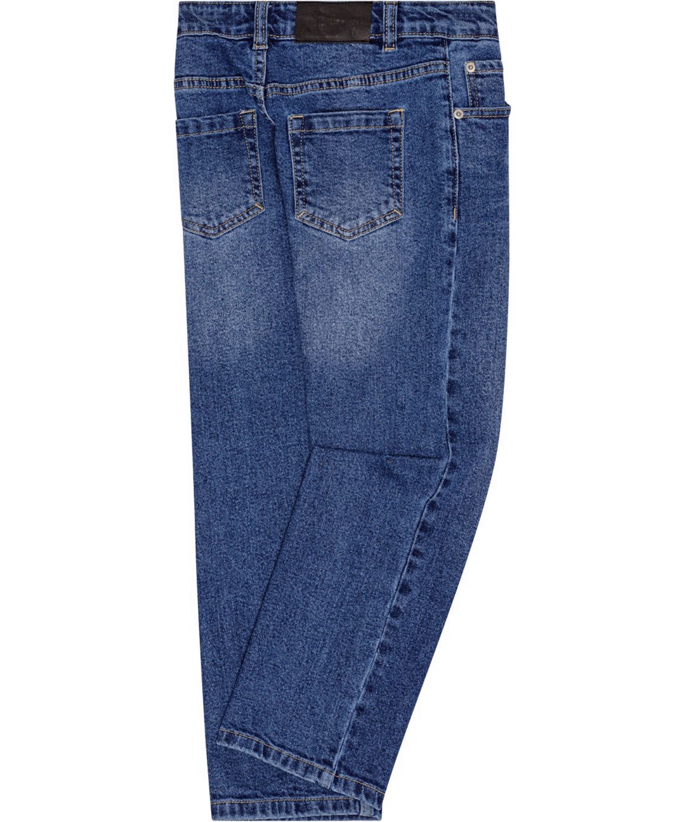Andy - Dark Vintage - Blaue Stretch-Jeans mit kupferfarbenen Nähten und verstellbarem Bund.