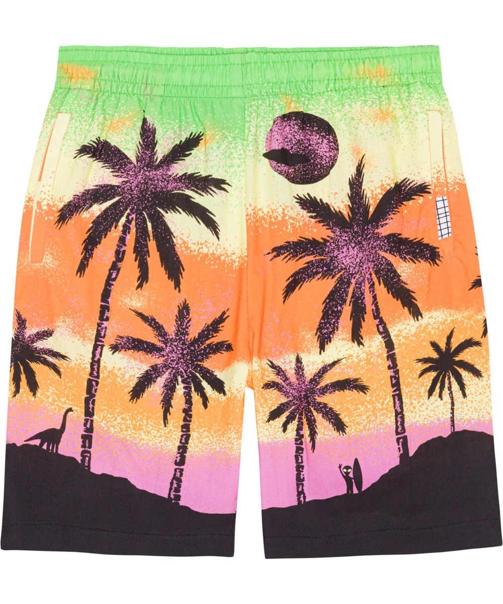 Adi - Alien Island - Grün-orange-lila Öko-Shorts mit Hawaii- und Alien-Aufdruck
