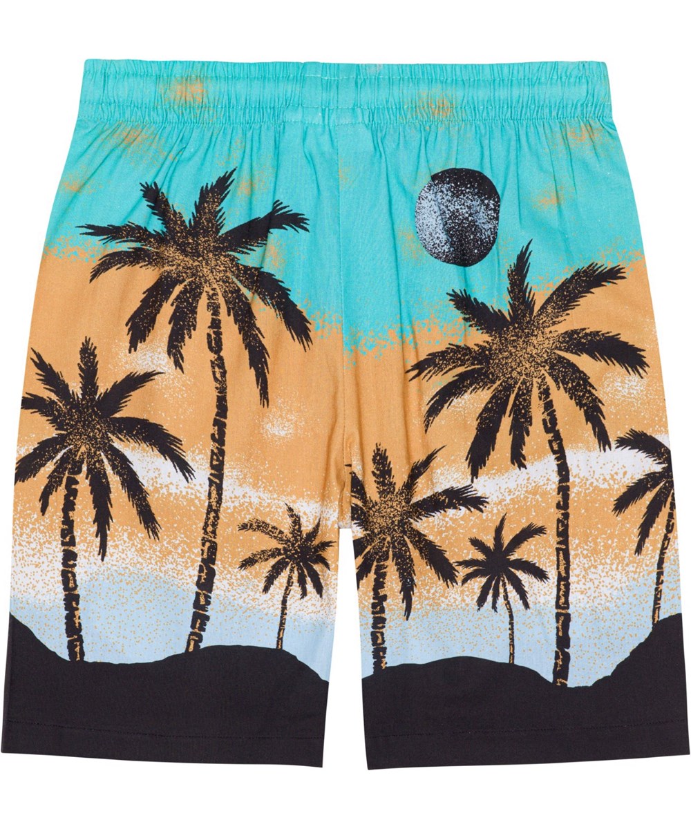 Adi - Holiday Island - Sandfarbene und türkisfarbene Öko-Shorts mit Hawaii-Placement-Print