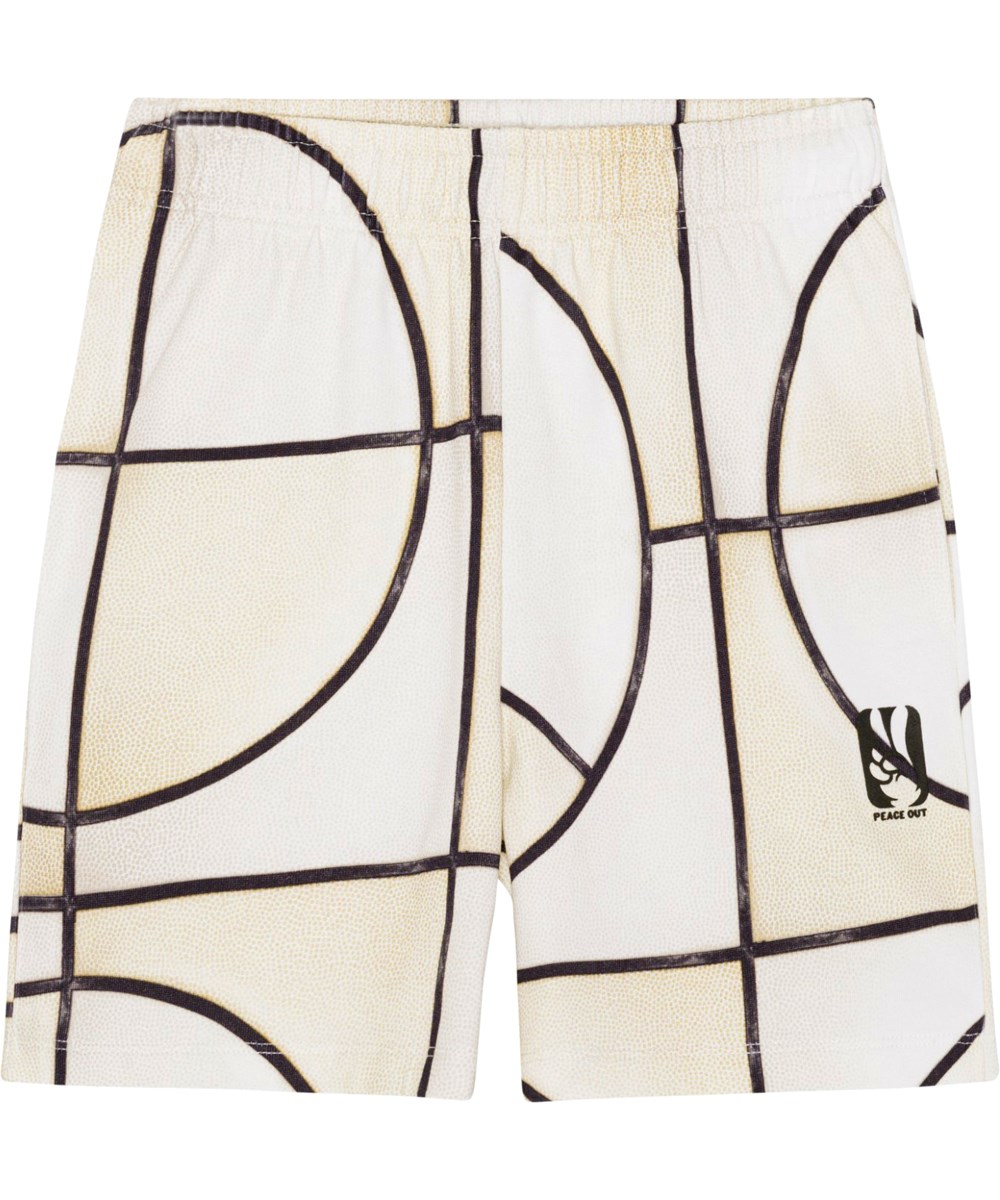 Adian - Basket Neutral - Cremefarbene und schwarze Öko-Shorts mit Basketballaufdruck