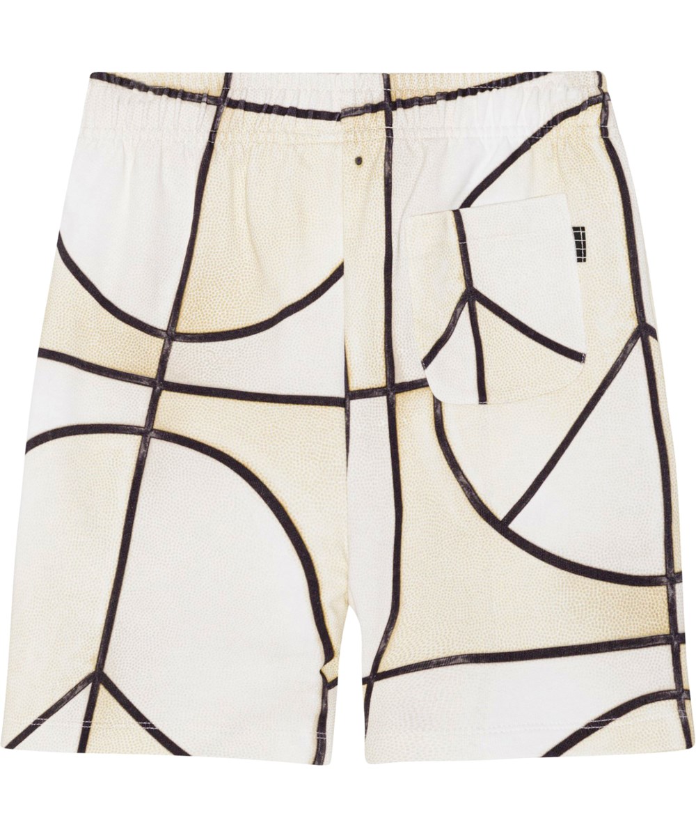 Adian - Basket Neutral - Cremefarbene und schwarze Öko-Shorts mit Basketballaufdruck