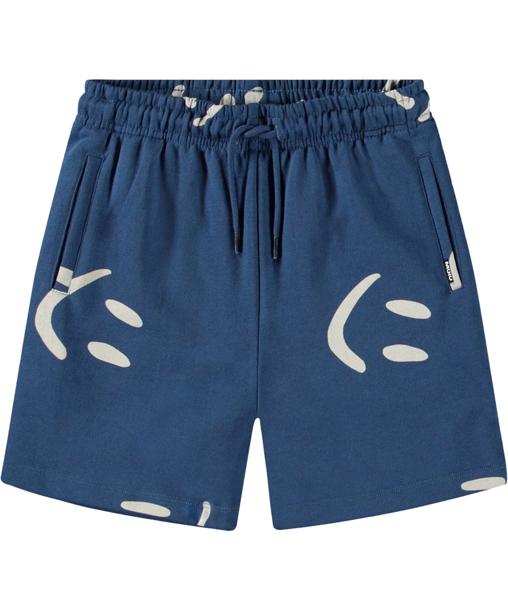 Amil - Big Smiles Blue - Kurze Hose aus Öko-Baumwoll-Jersey in Blau mit einem Aufdruck von lächelnden Gesichtern für Kinder.