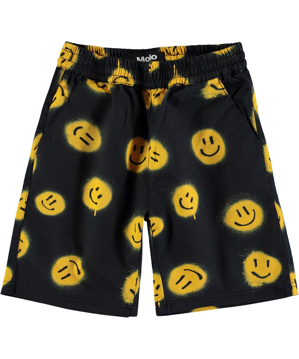 Avart - Smiles - Schwarze Shorts mit gelben Graffiti-Smileys.
