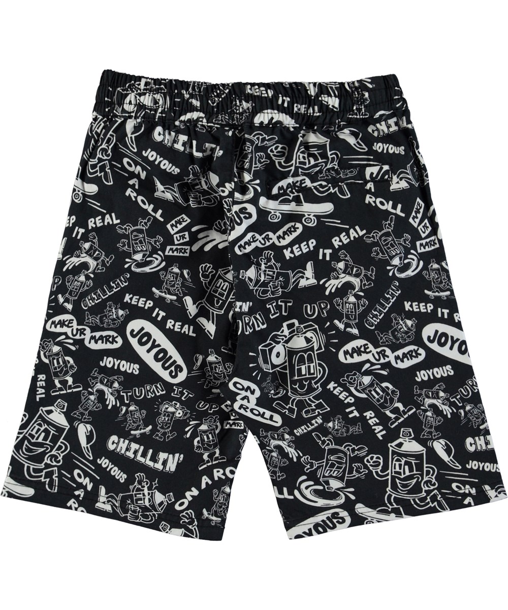 Avart - Spraycans Black - Schwarze Shorts mit weißem Spraydosendruck.