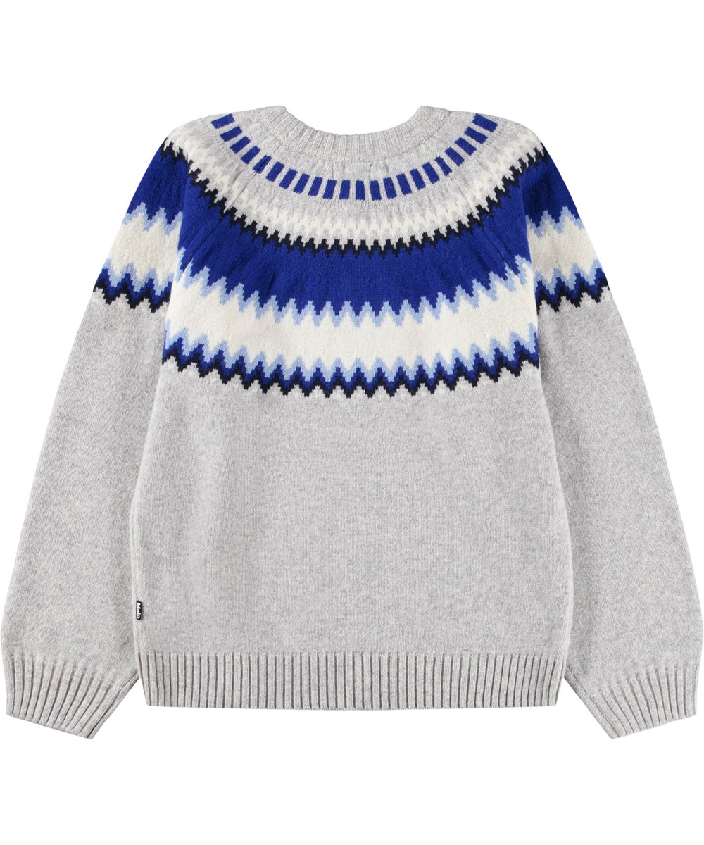 Baes wool - Nordic Blues - Hellgrauer Strickpullover für Kinder aus Wolle mit einem blauen, von der nordischen Tradition inspirierten Muster.