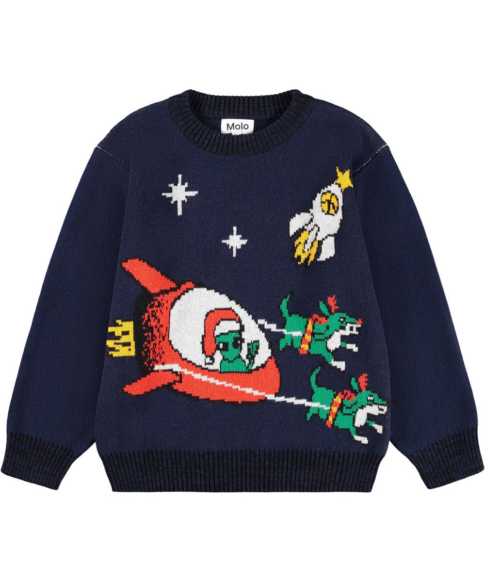 Bello - Merry Space-Mas - Dunkelblauer Strickpullover aus Baumwollmischung mit einem Weihnachtsmuster im Weltraum.