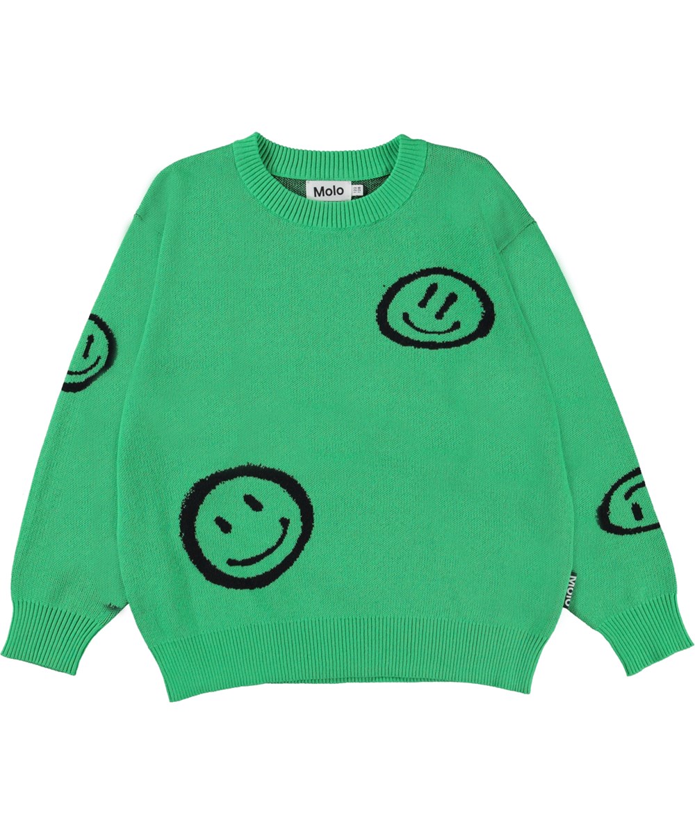 Bello - Smile On Green - Grüner Strickpullover mit Smileys