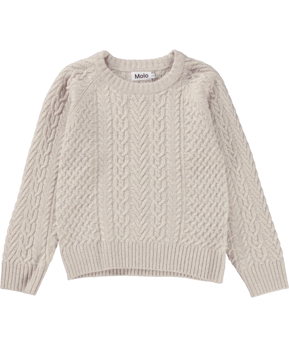 Birk - Aran - Wollweißer Zopfstrick-Pullover