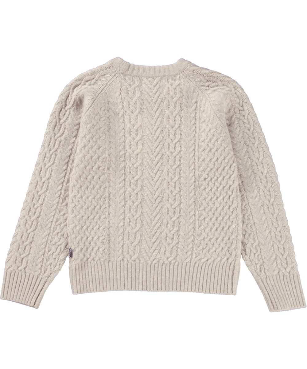 Birk - Aran - Wollweißer Zopfstrick-Pullover