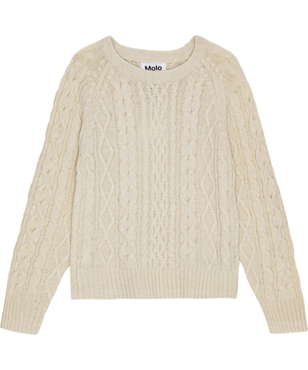 Birk - White Noise - Cremefarbener Strickpullover mit langen Ärmeln und Rundhalsausschnitt.