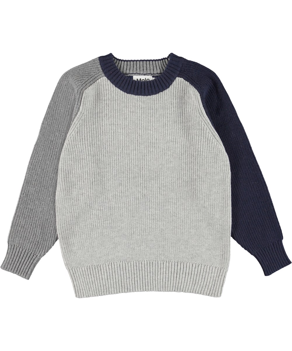 Bosse - Block Colours - Hellgrauer Strickpullover mit blauen und grauen Ärmeln