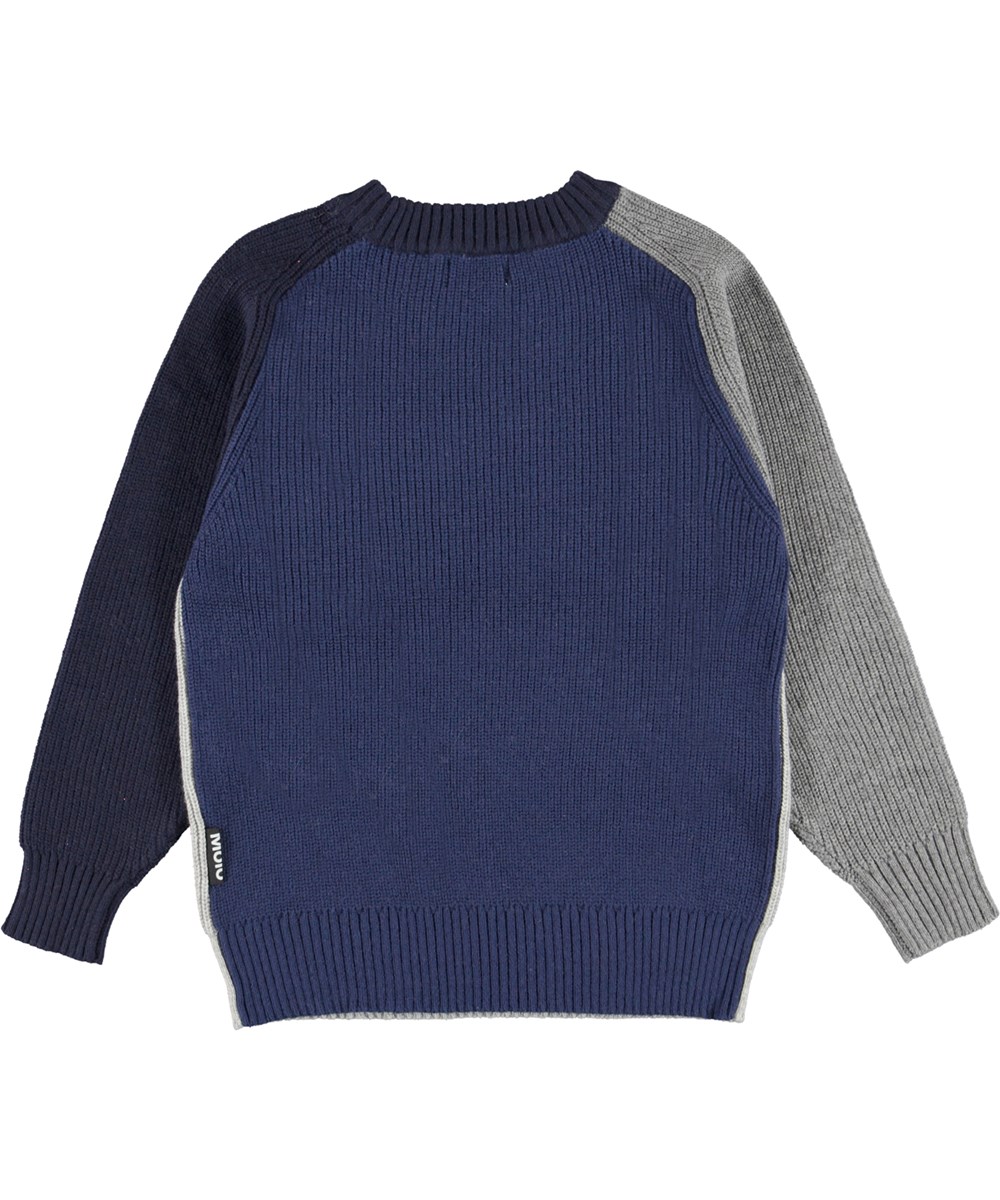 Bosse - Block Colours - Hellgrauer Strickpullover mit blauen und grauen Ärmeln