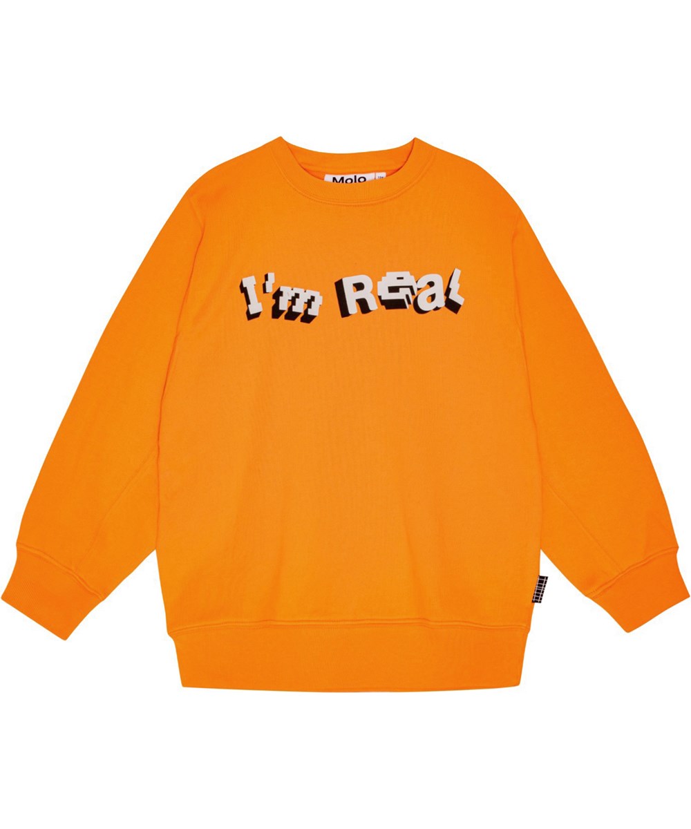 Magni - Fiery - Oranges Sweatshirt aus Öko-Baumwolle mit Pixel-Print auf der Vorderseite.