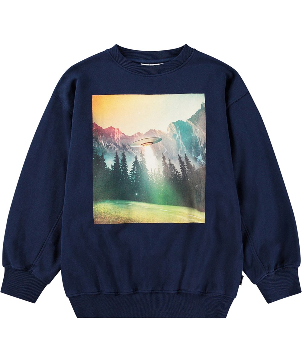 Magni - UFO Sighting - Dunkelblaues Öko-Baumwoll-Sweatshirt mit UFO-Druck.