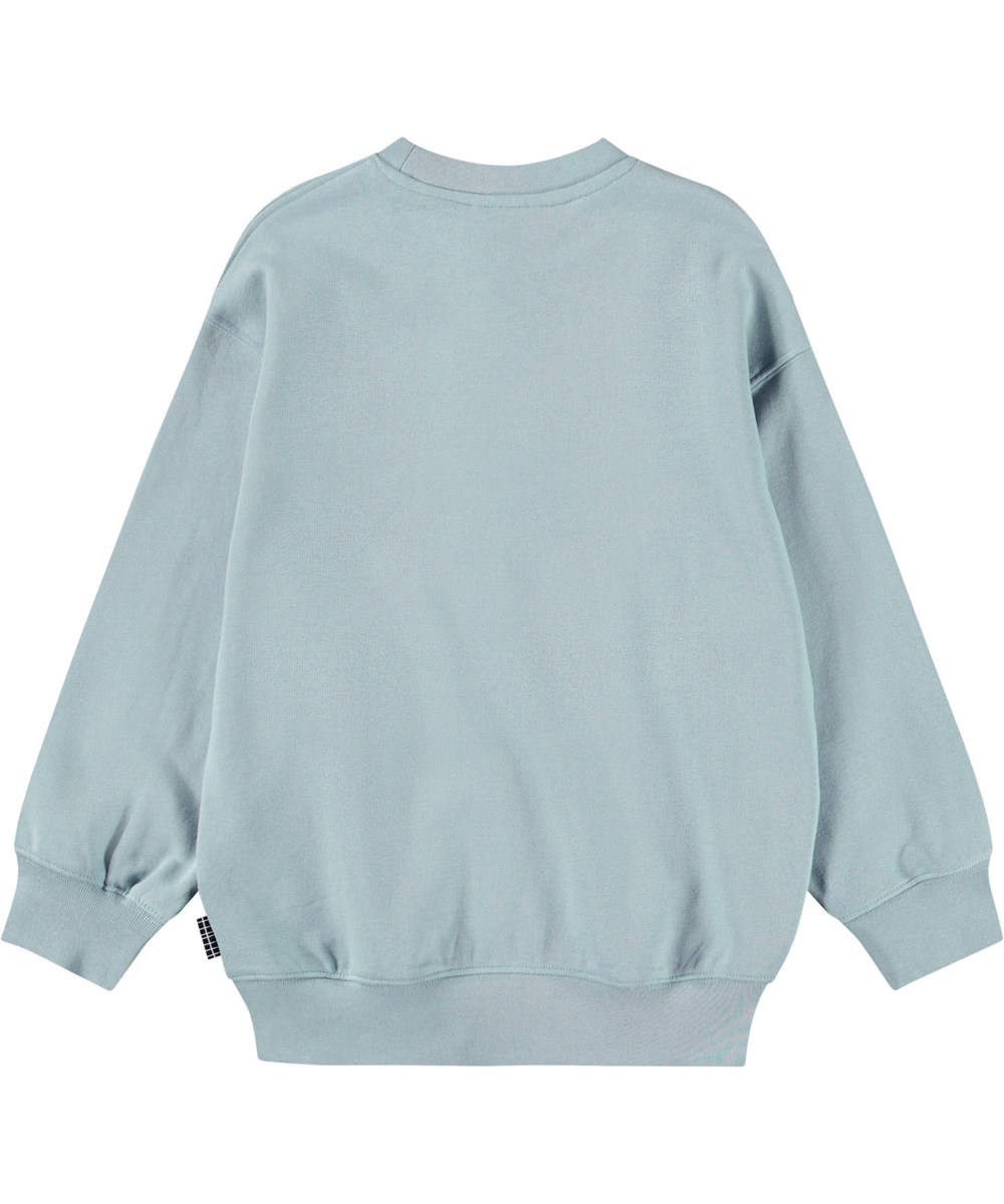 Mar - Misty Blue - Blauer Pullover mit Stickerei für Kinder aus weicher Öko-Baumwolle mit gerippten Kanten am Hals, an den Ärmeln und am unteren Saum des Pullovers.