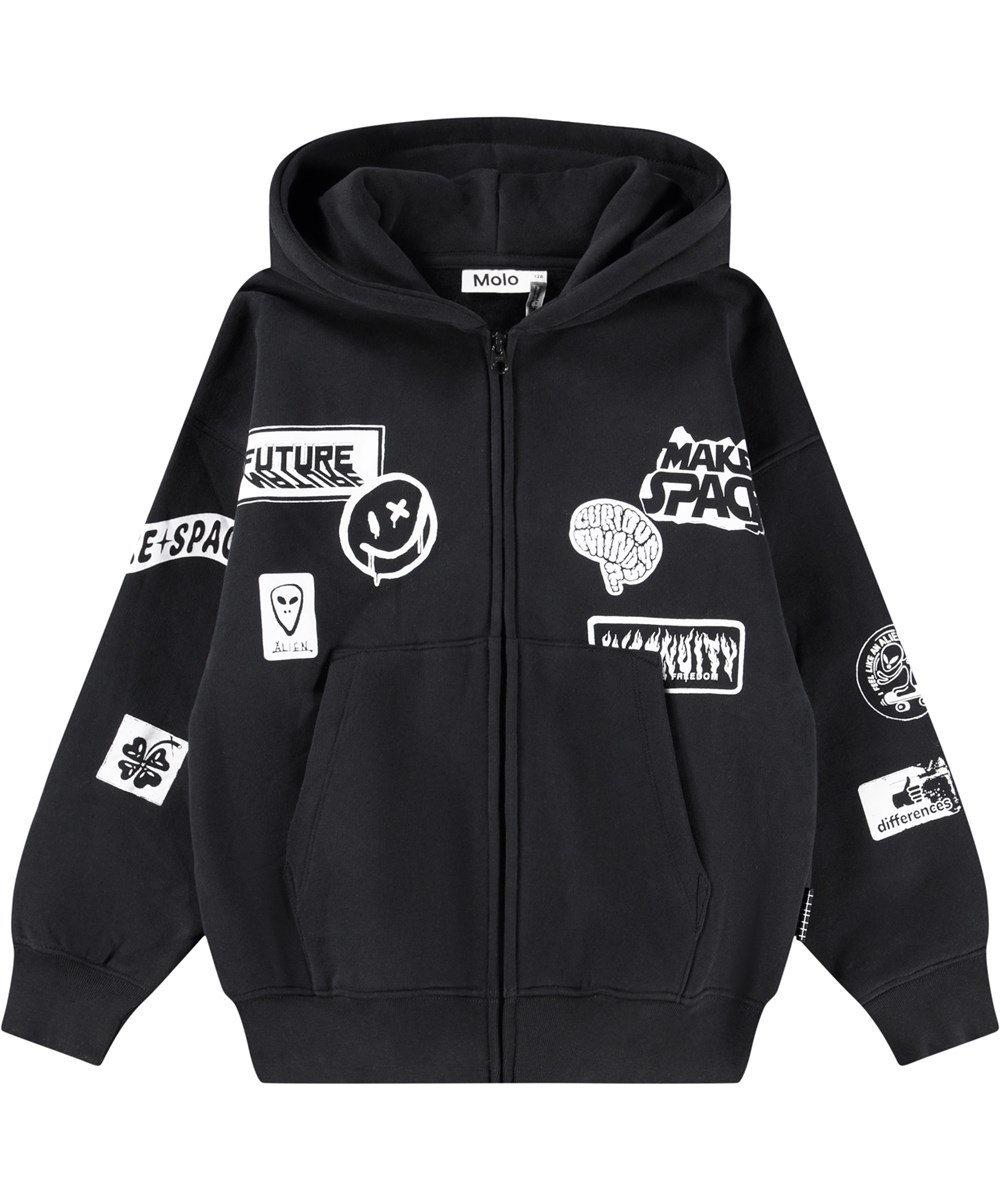 Marley - Black - Schwarzer Kapuzenpullover mit Reißverschluss für Kinder aus Baumwolle mit weißem Aufdruck.