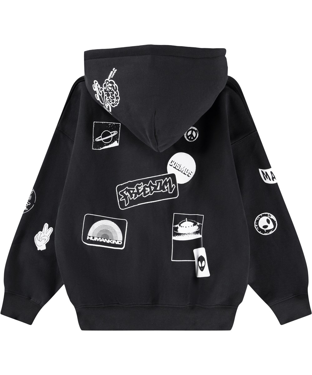 Marley - Black - Schwarzer Kapuzenpullover mit Reißverschluss für Kinder aus Baumwolle mit weißem Aufdruck.