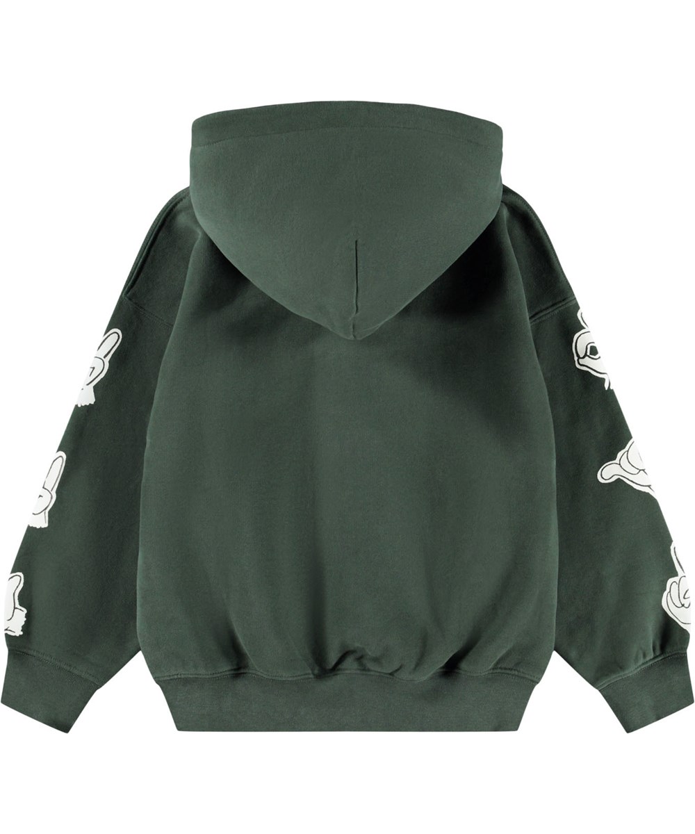 Marley - By Hands - Dunkelgrüner Hoodie mit Reißverschluss für Kinder aus Öko-Baumwolle mit einem weißen Handzeichen-Druck.