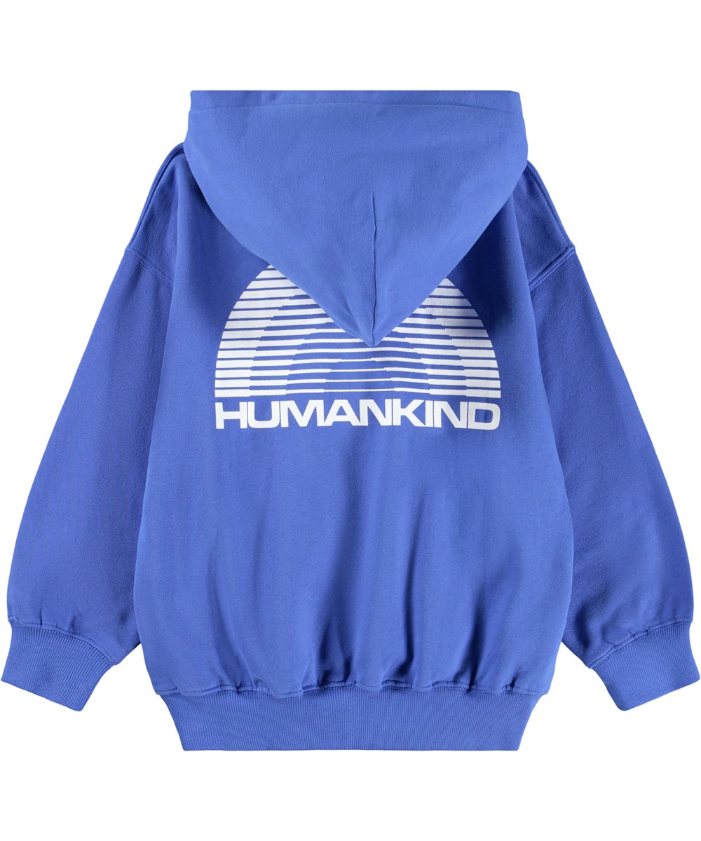 Marlo - Dazzling Blue - Blaue Kapuzenjacke für Kinder aus Öko-Baumwolle mit weißem Aufdruck.