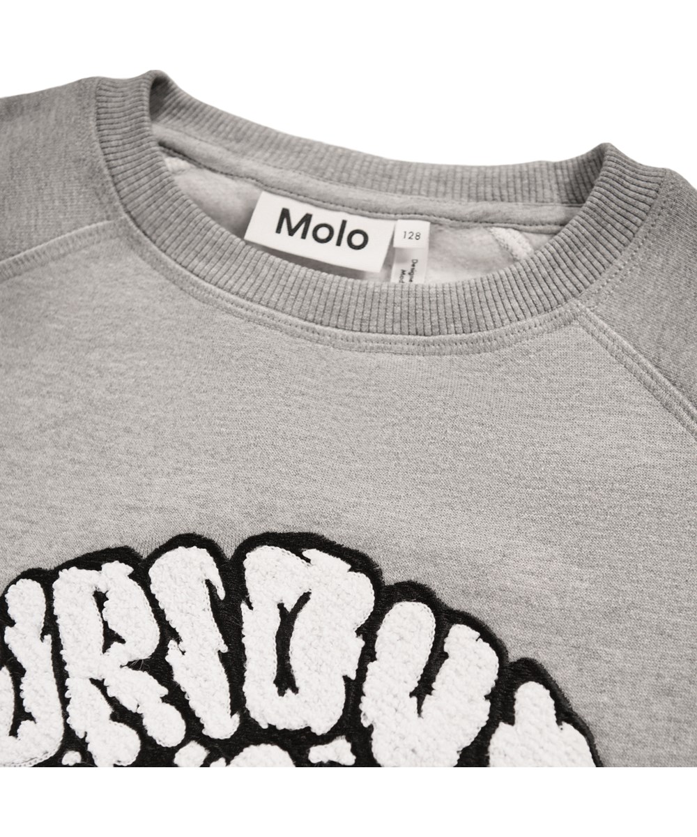 Mars - Grey Melange - Grauer Pullover für Kinder aus weicher Öko-Baumwolle mit flauschiger Stickerei.