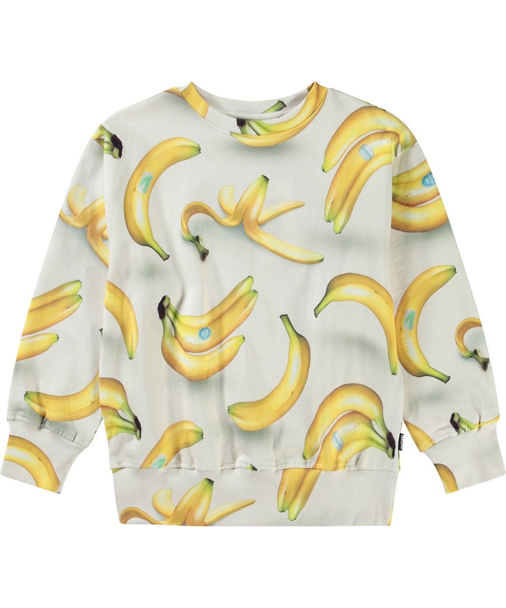 Mattis - Bananas - Beiges Sweatshirt mit Druck für Kinder aus weicher Öko-Baumwolle mit gerippten Kanten am Hals, an den Ärmeln und am unteren Saum des Sweatshirts.