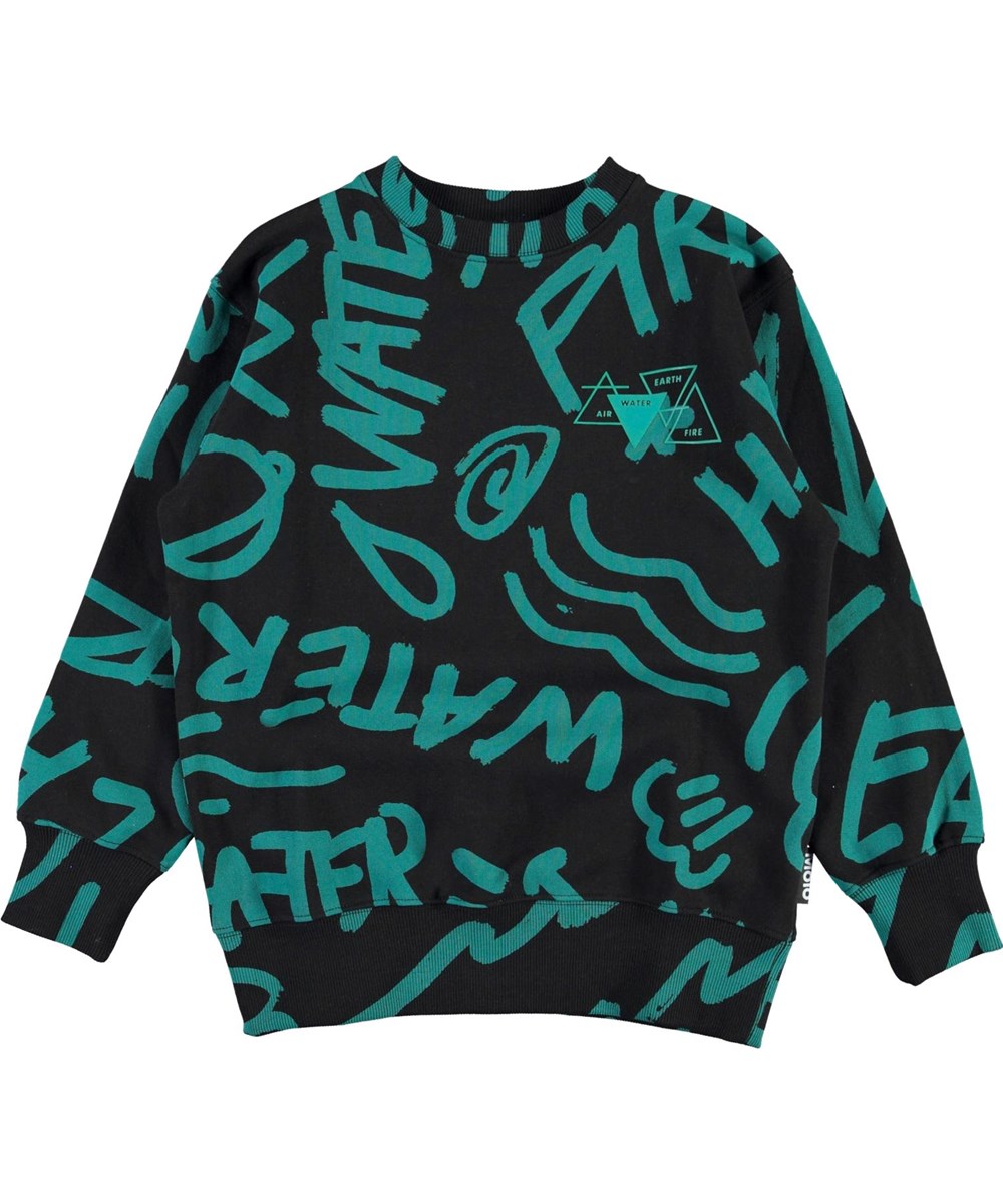 Mattis - Elements - Öko schwarzes Sweatshirt mit grünem Text
