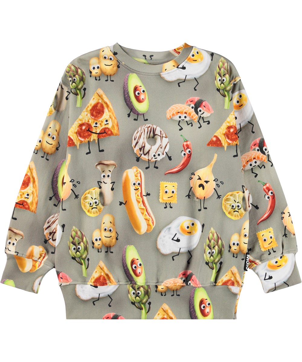 Mattis - Moody Foods - Grauer Pullover für Kinder aus weicher Öko-Baumwolle mit Aufdruck von Lebensmitteln mit Gesichtern.