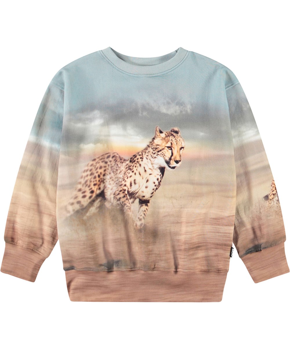 Mattis - Running Cheetahs - Blauer und brauner Pullover mit Druck für Kinder aus weicher Öko-Baumwolle mit gerippten Kanten am Hals, an den Ärmeln und am unteren Saum des Pullovers.