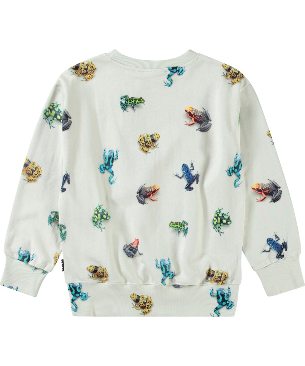 Mattis - Vibrant Frogs - Beiges Sweatshirt mit Druck für Kinder aus weicher Öko-Baumwolle mit gerippten Kanten am Hals, an den Ärmeln und am unteren Saum des Sweatshirts.