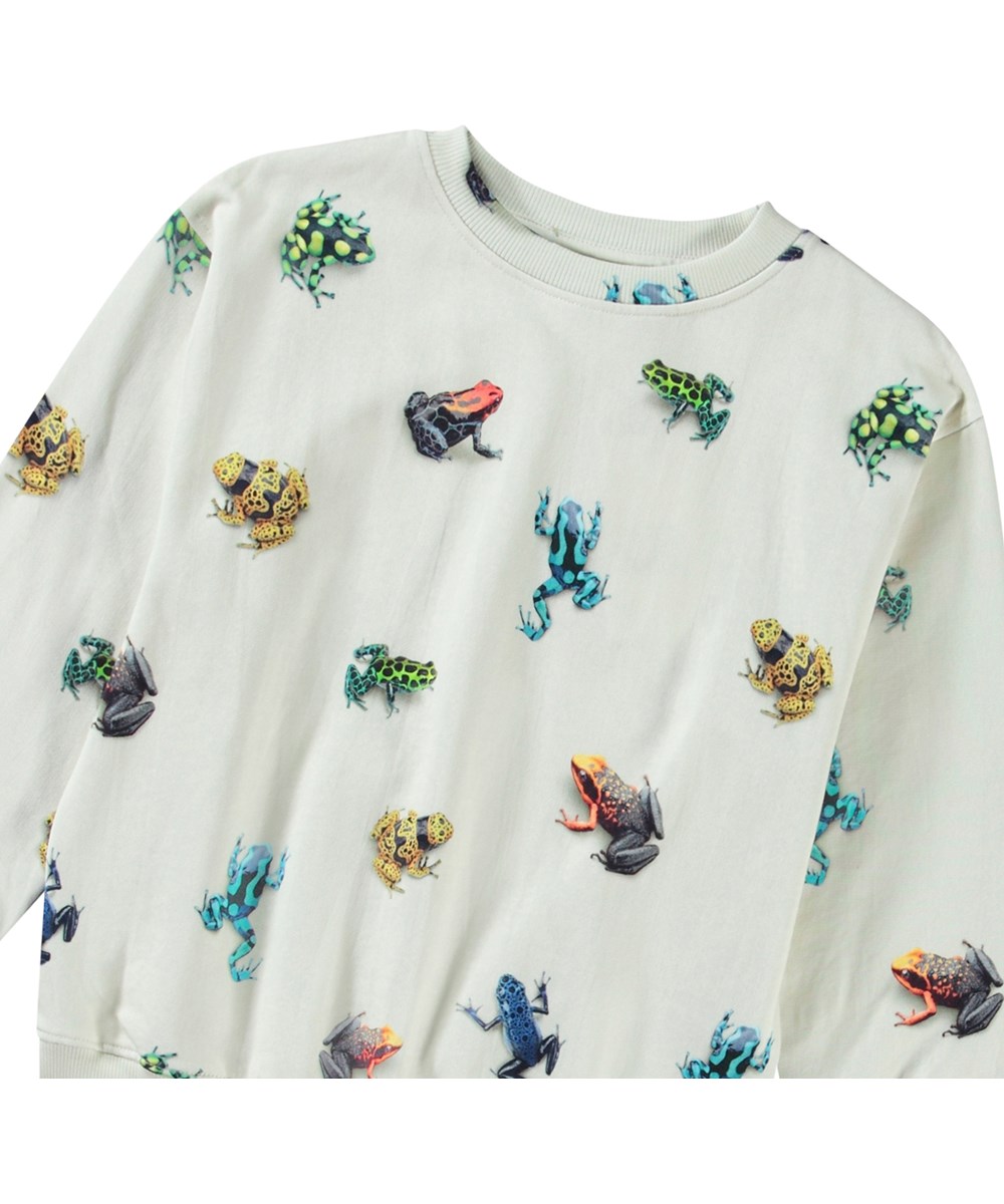 Mattis - Vibrant Frogs - Beiges Sweatshirt mit Druck für Kinder aus weicher Öko-Baumwolle mit gerippten Kanten am Hals, an den Ärmeln und am unteren Saum des Sweatshirts.