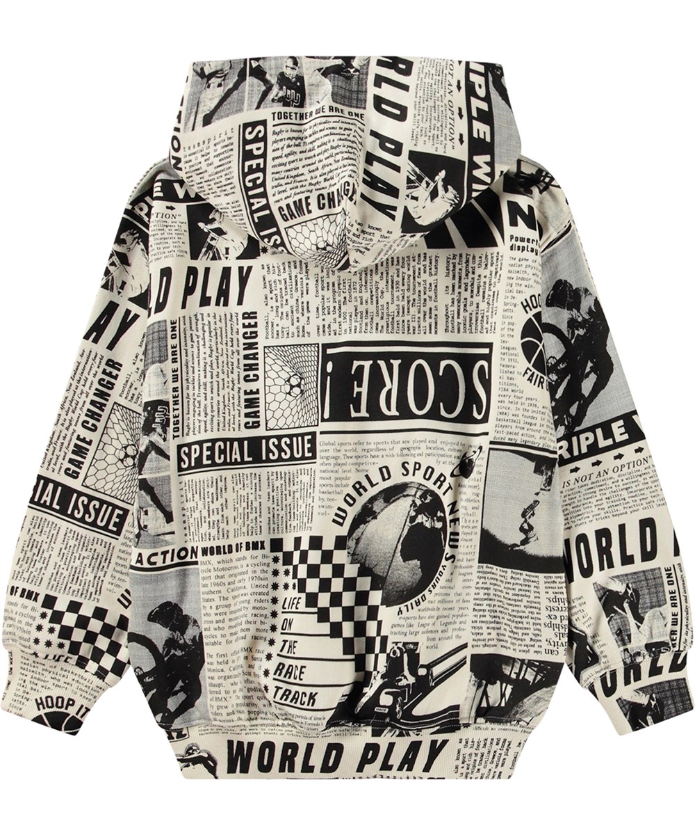 Maxx - Sports News - Schwarzer und weißer Hoodie aus Öko-Baumwolle mit einem Allover-Zeitungscollage-Druck.