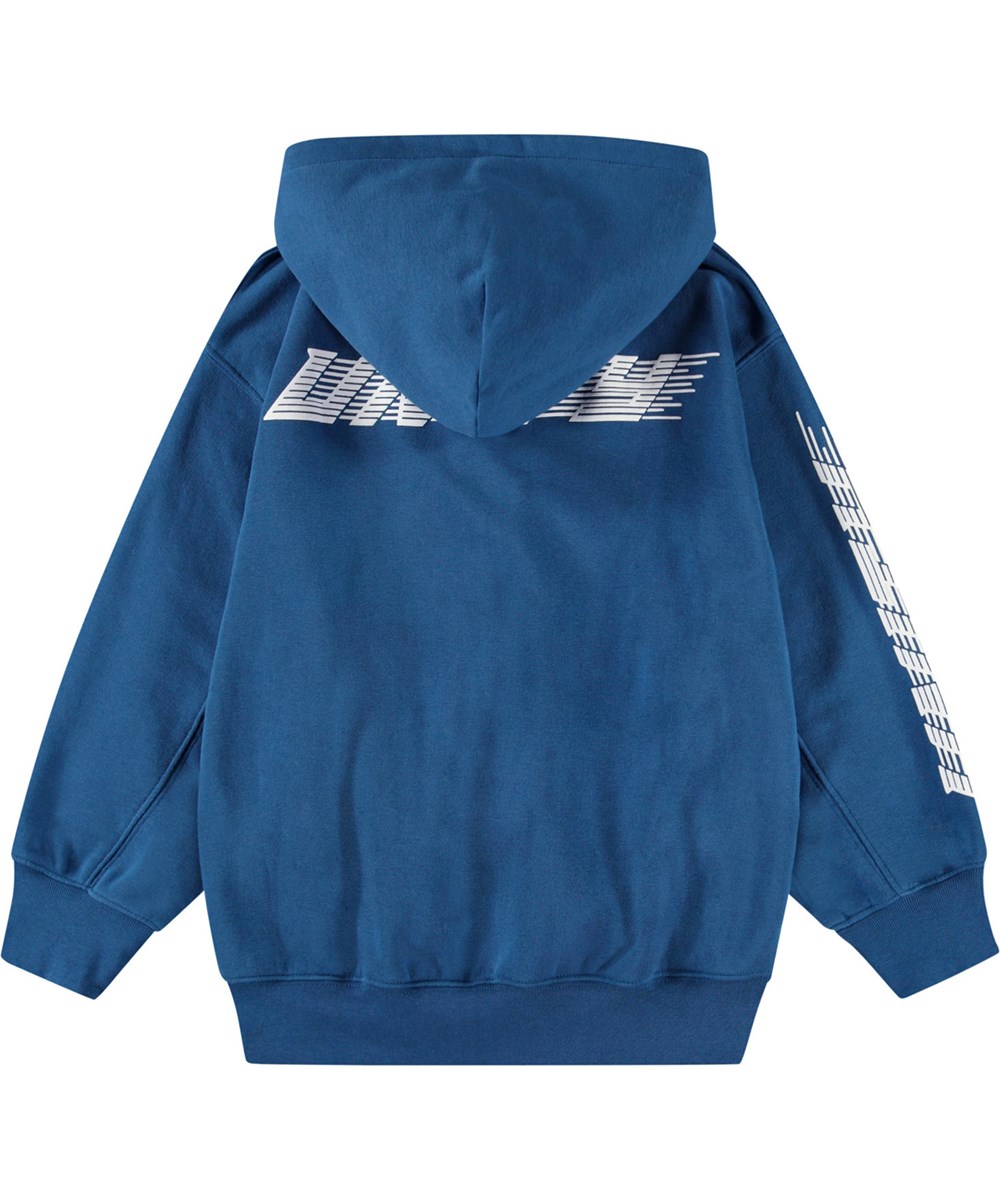 Mazz - Best Blue - Blaue Kapuzenjacke mit Reißverschluss und Kängurutasche für Kinder aus weicher Öko-Baumwolle, mit gerippten Bündchen und Saum der Kapuze.