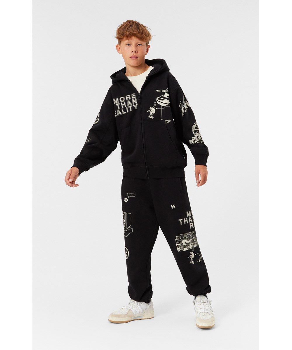 Mazz - Black - Schwarzer und weißer Hoodie aus Öko-Baumwolle mit Reißverschluss.