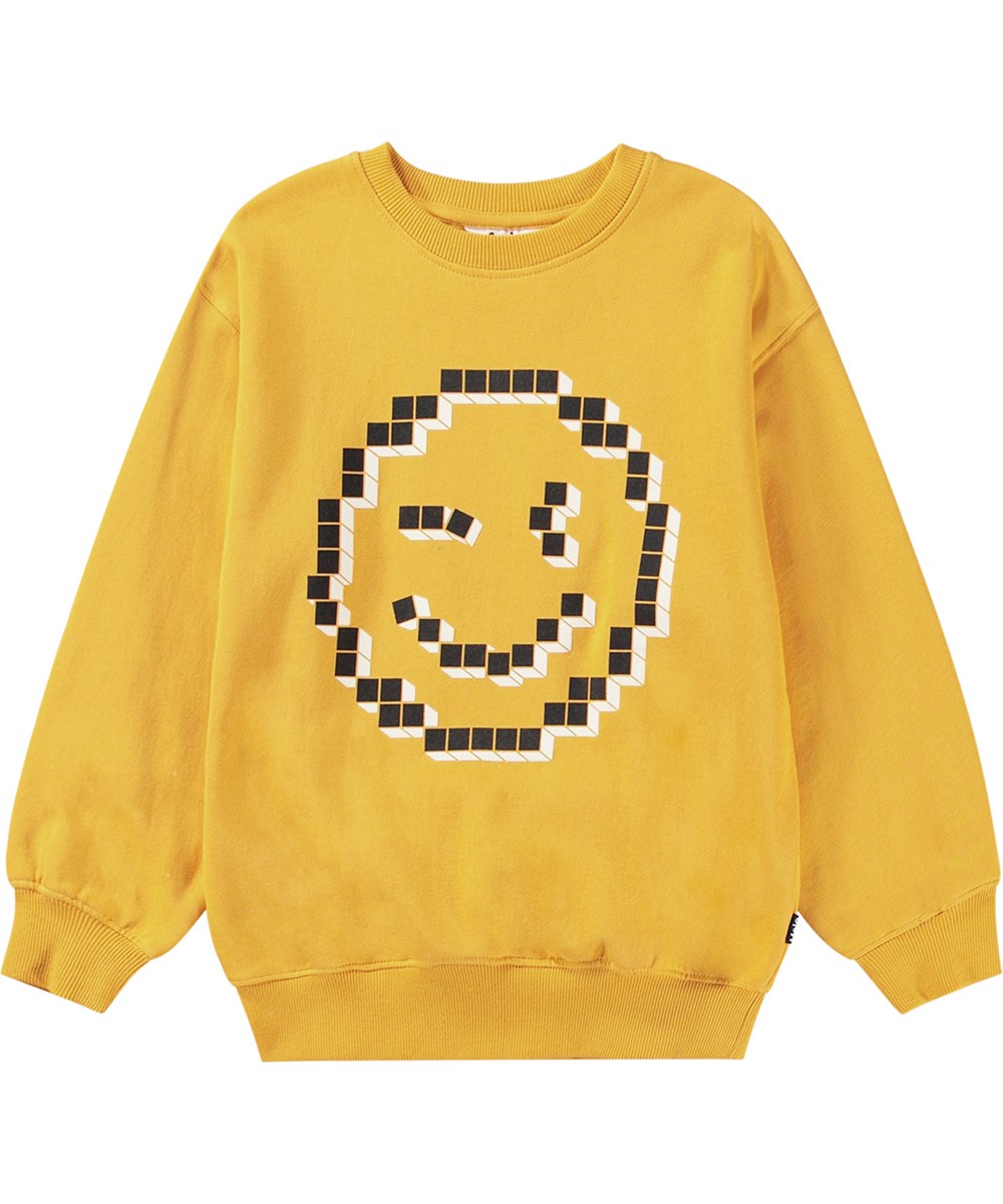 Memphis - Brilliance - Öko-Baumwoll-Sweatshirt mit lächelndem Pixelgesichtsdruck.