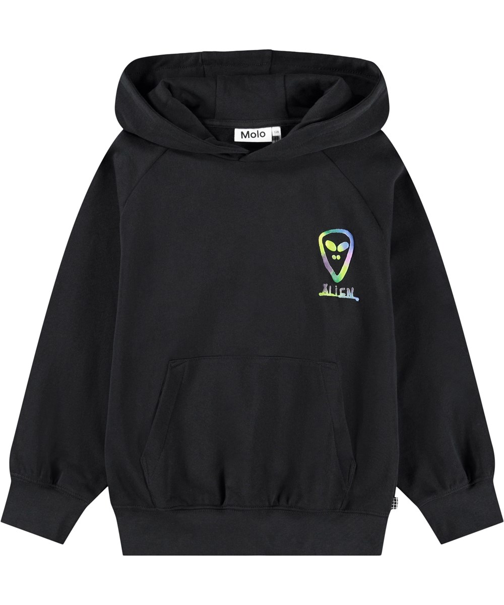 Mic - Black - Schwarzer Kapuzenpullover für Kinder aus Öko-Baumwolle mit einem bunten Alien-Druck.