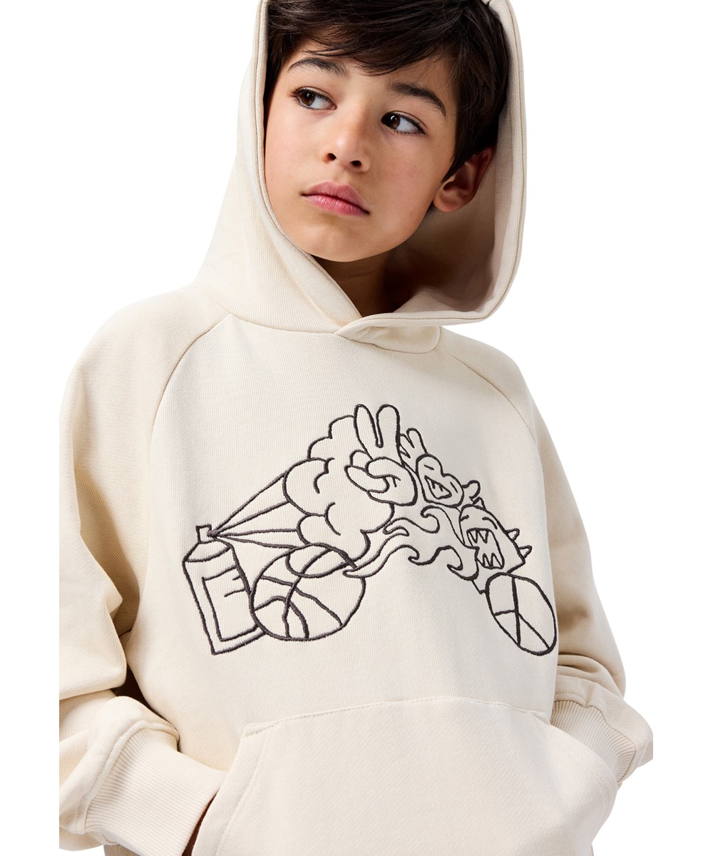 Mic - Summer Sand - Beiger Kapuzenpullover für Kinder aus Öko-Baumwolle mit Stickerei