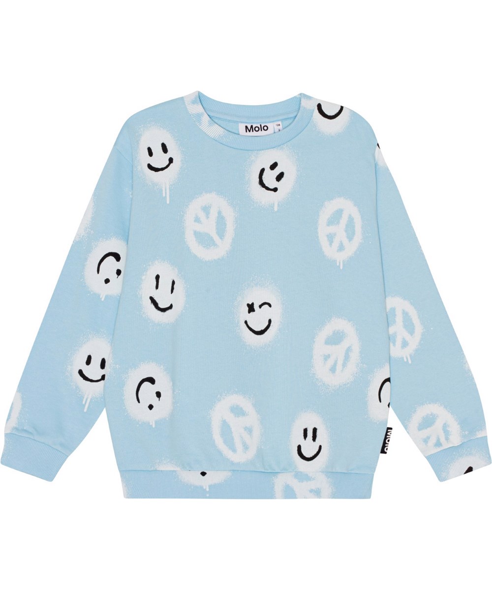 Miksi - Pool Easy Peacy - Blaues Öko-Sweatshirt mit Allover-Print mit lächelnden Gesichtern und Peace-Zeichen