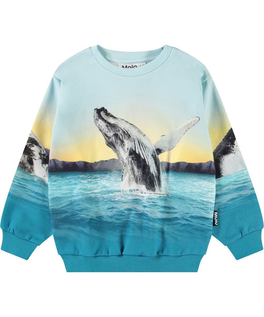 Miksi - Whale Jump - Hellblaues Sweatshirt mit Druck für Kinder aus weicher Öko-Baumwolle mit gerippten Kanten am Hals, an den Ärmeln und am unteren Saum des Sweatshirts.