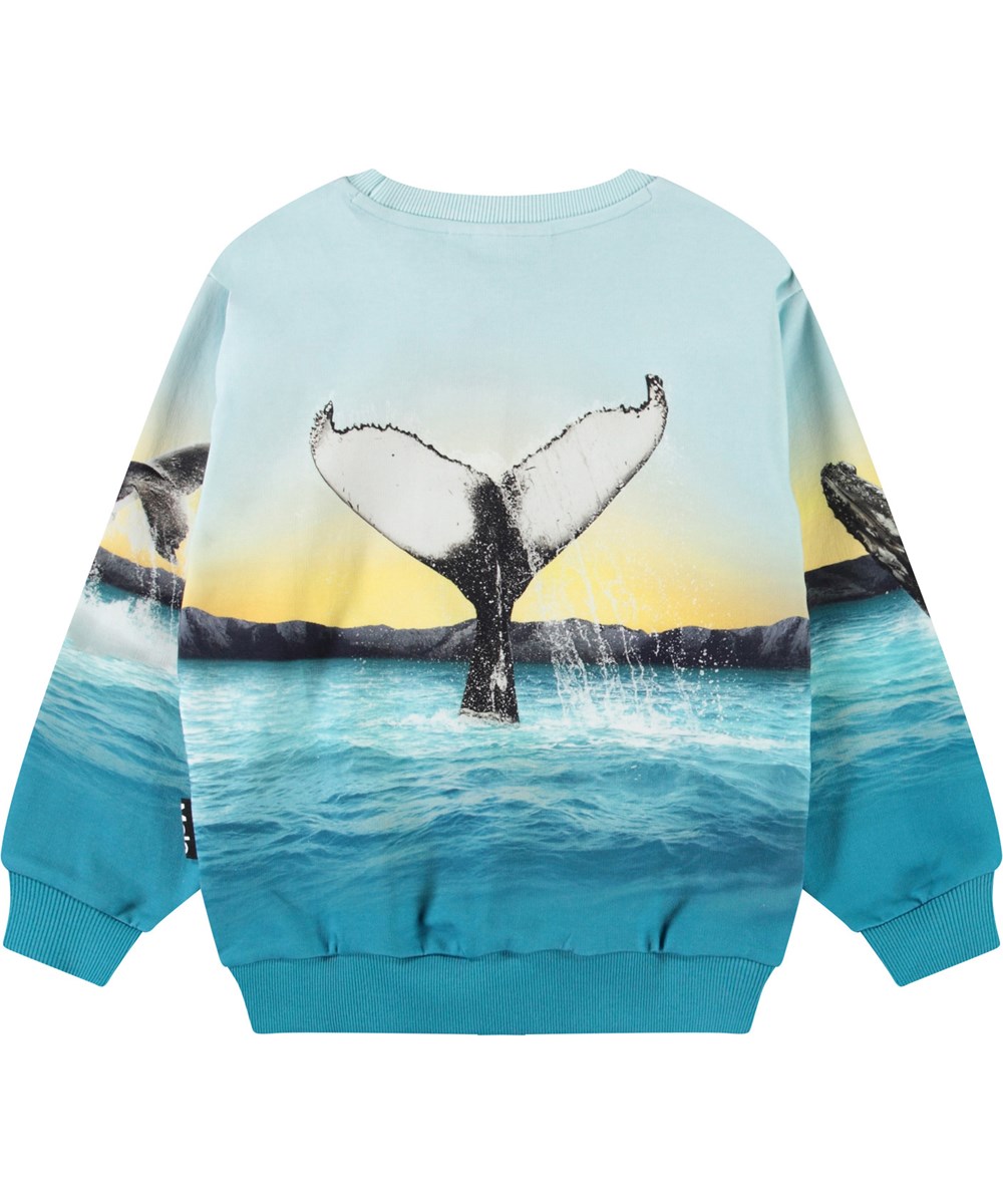 Miksi - Whale Jump - Hellblaues Sweatshirt mit Druck für Kinder aus weicher Öko-Baumwolle mit gerippten Kanten am Hals, an den Ärmeln und am unteren Saum des Sweatshirts.