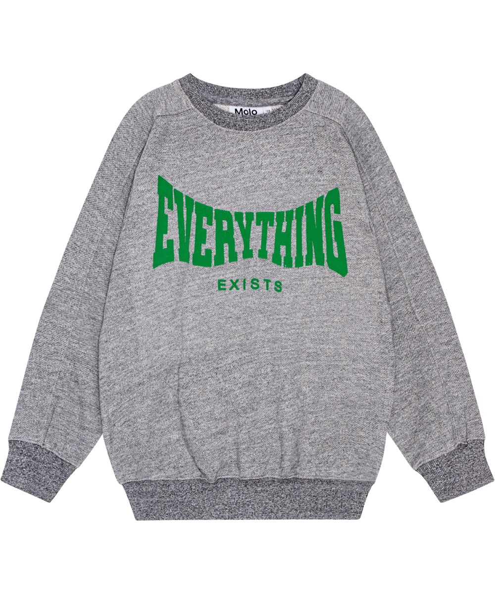Mir - Grey Melange - Graues Melange-Sweatshirt mit leuchtend grünem Aufdruck "Everything Exists".