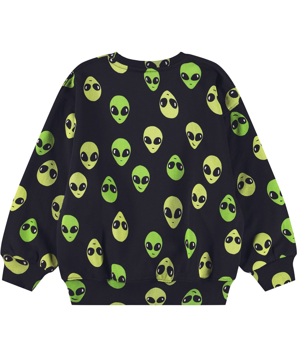 Monti - Alien Faces - Schwarzer Pullover für Kinder aus weicher Öko-Baumwolle mit einem Alien-Druck.